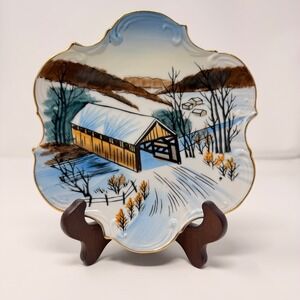 Vintage Norcrest Fine China Hand Painted Covered Bridge Winter Plate 8"